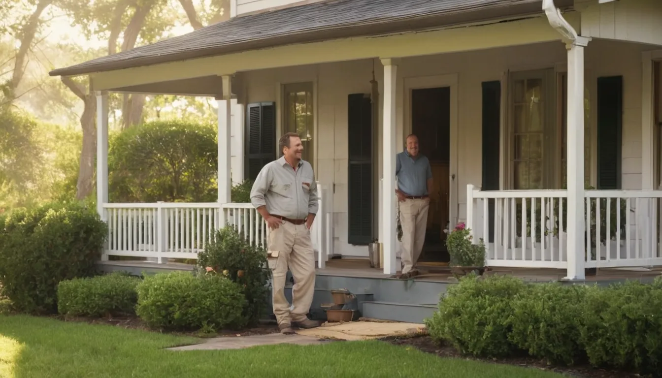 A friendly pest control provider talking with a homeowner at the front door of a frame house in Dayton